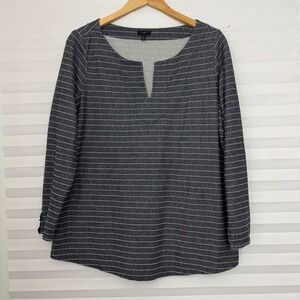Talbots Woman Navy White Striped Split Neck Long Sleeve Top Plus Size 1X Ruffle